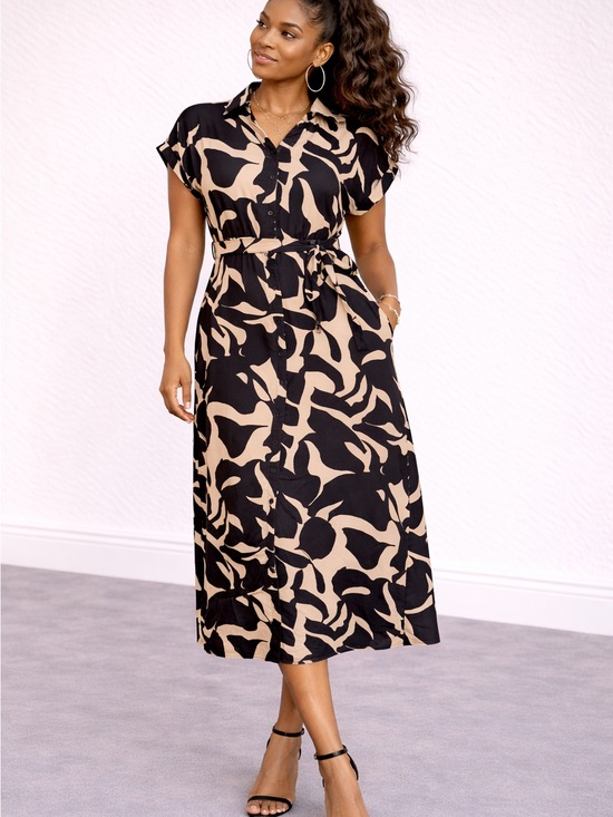 Lark + Grey Dresses & Skirts - Button-Front Midi Dress in Black & Beige with Tie Waist